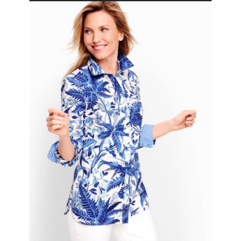 Talbots Blue Botanical Print Cotton Shirt Women's Small Reversible Cuff Dot Deta